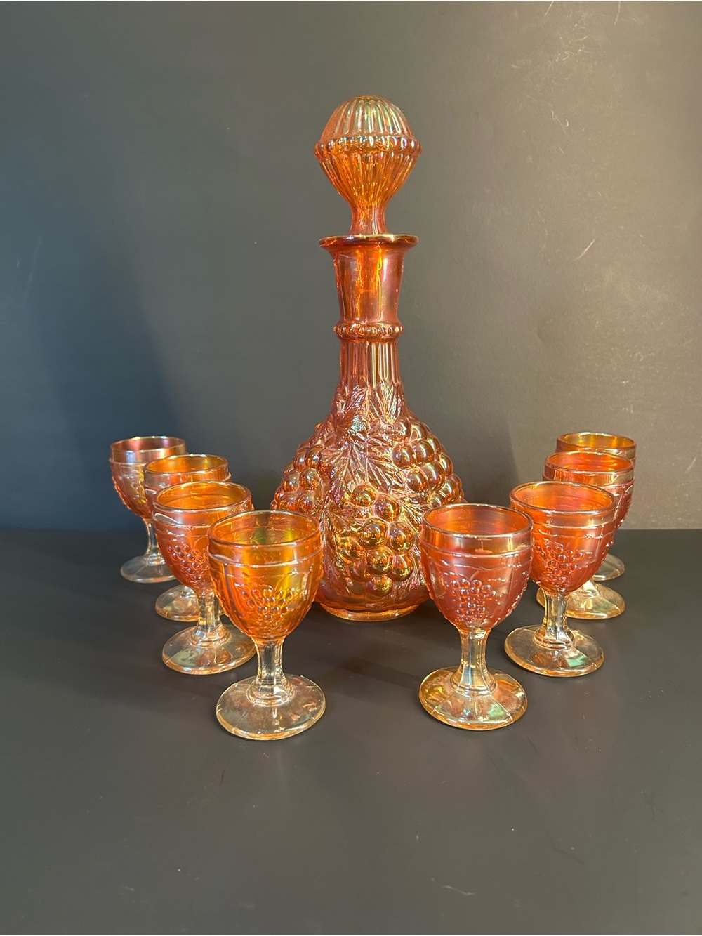 Vintage Imperial Marigold Iridescent Carnival Glass Decanter Set with 8 Goblets